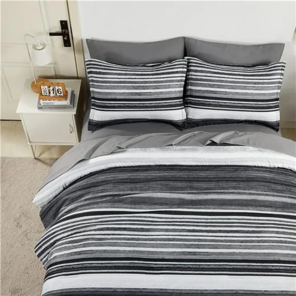 7 Piece Bed in a Bag Stripe Comforter Set Queen Size, White Grey Black Patchwork